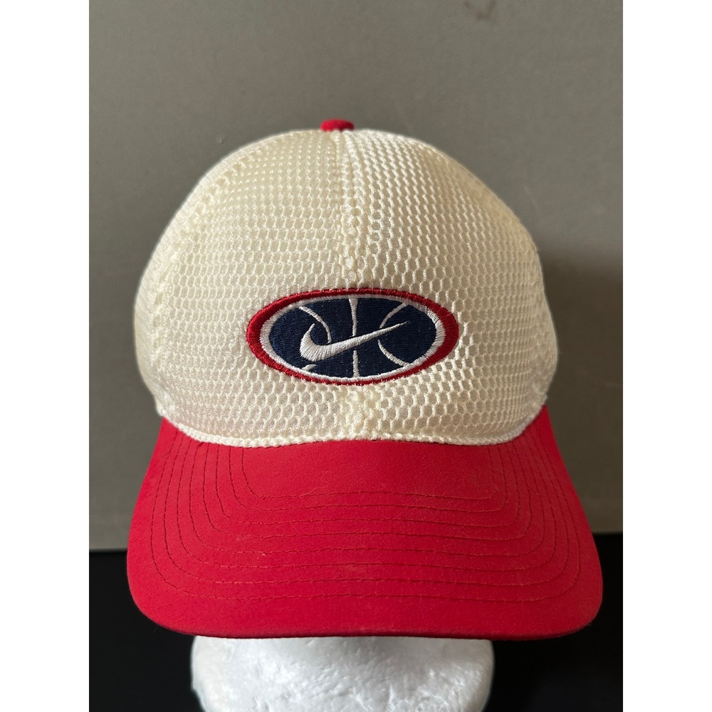 Vintage Nike Basketball Mesh Snapback Hat Red White Honeycomb Swoosh Cap